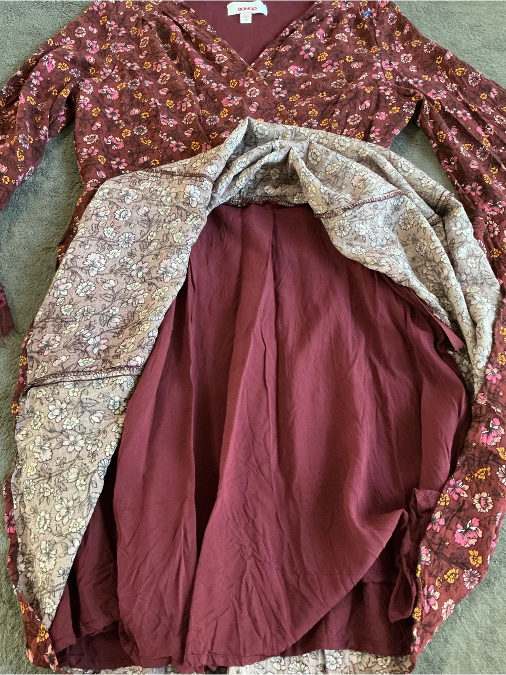 BONGO Maroon Floral Faux-Wrap Mini Dress Bell Sleeves Size:M - Picture 7 of 16